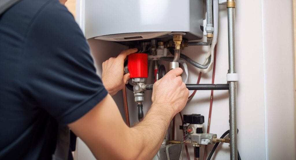 A technician is working on a gas boiler adjusting components for proper functionality and safety