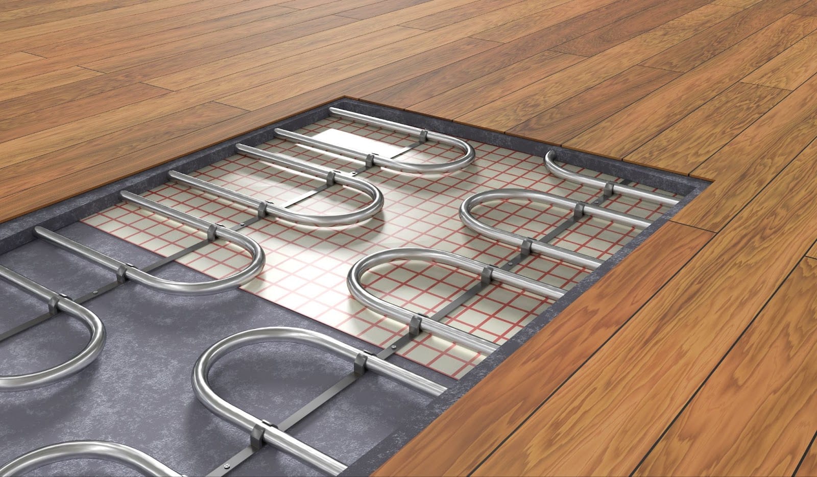 A floor heating system installed on a wooden floor, showcasing the benefits of radiant heating for efficient warmth.