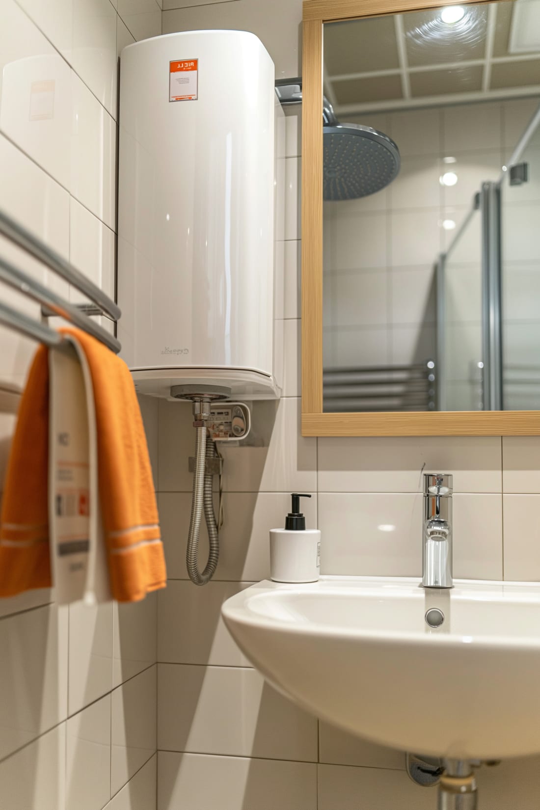 A well-organized bathroom showcasing a stylish sink alongside a functional towel rack