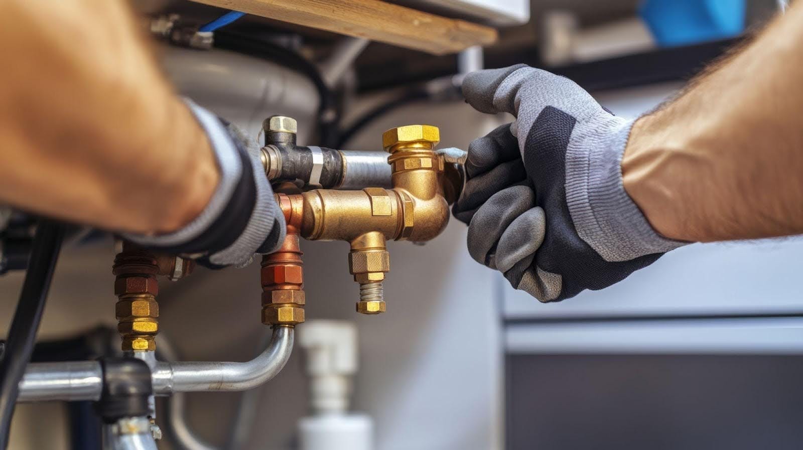A man wearing gloves is repairing a water heater focused on the task at hand