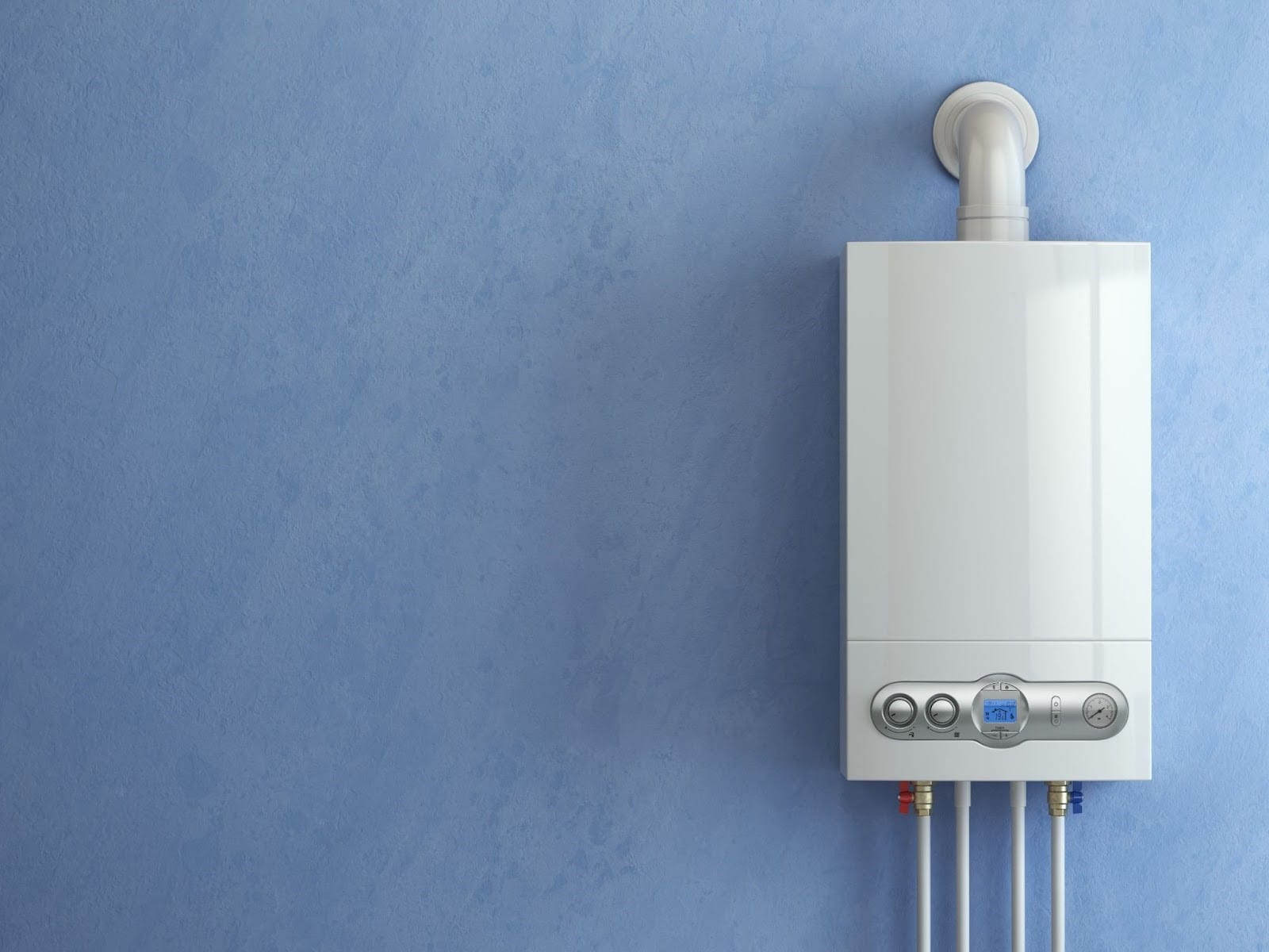 A modern wall-mounted gas combi boiler (condensing boiler) with digital display, control knobs, pressure gauge, and connected pipes against a blue wall.