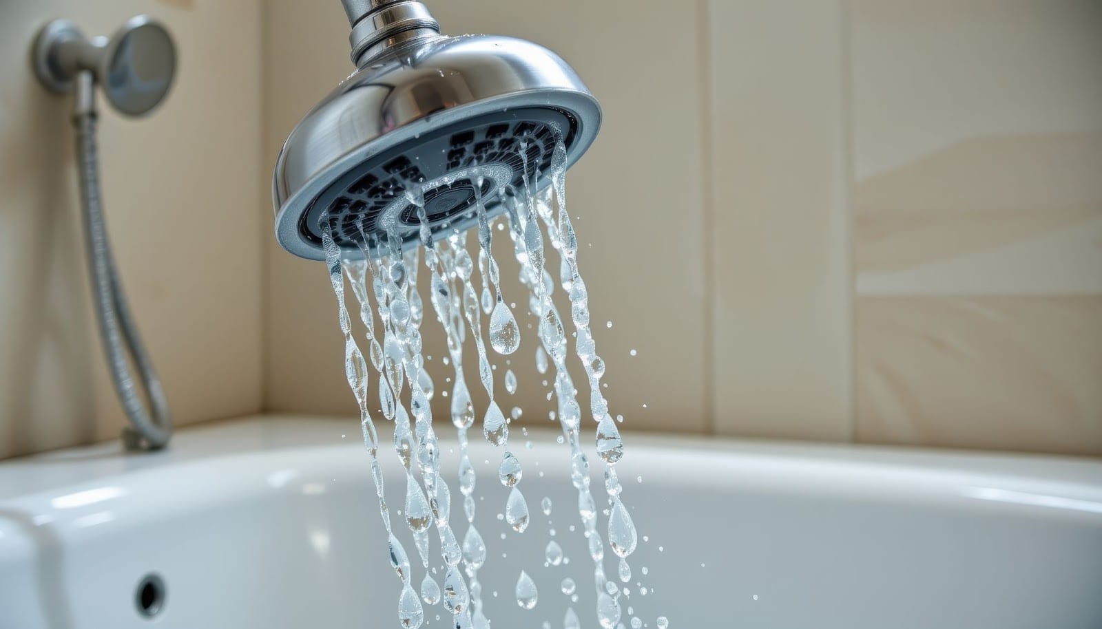 A shower head with water flowing from it, creating a stream of droplets in a bathroom setting.