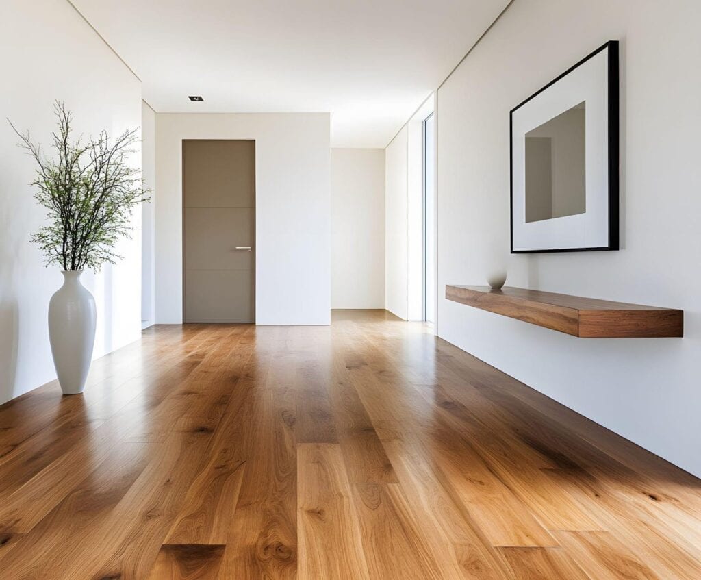 A bright white room with wood floors creating an airy atmosphere