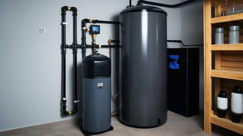 A water heater and a water softener are installed side by side in a utility room