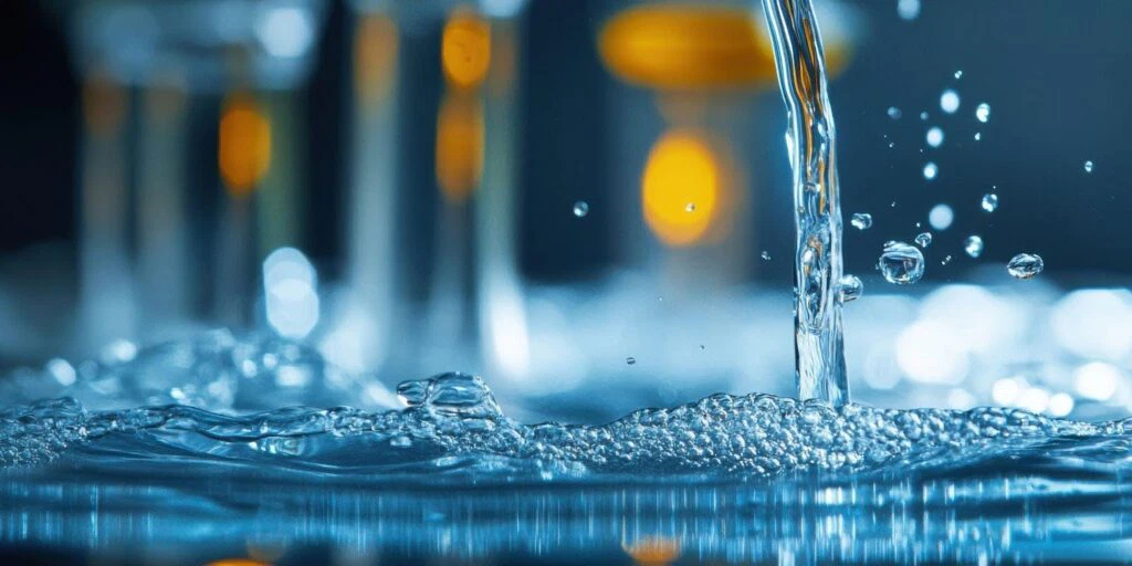Water is being poured from a pitcher into a clear glass on a wooden table