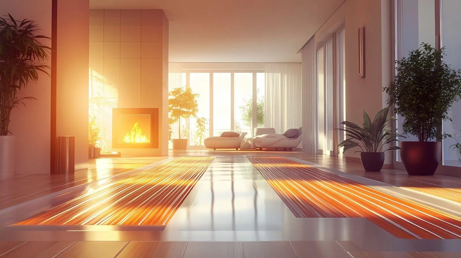 A sleek living room design with a fireplace and a large window for an inviting atmosphere