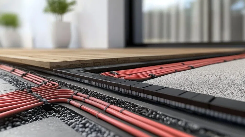 Detailed view of a red and black electrical cable highlighting its design and color combination