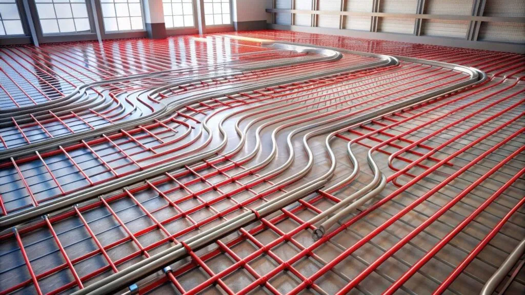 Diagram of radiant heating advantages focusing on energy savings and better indoor air quality