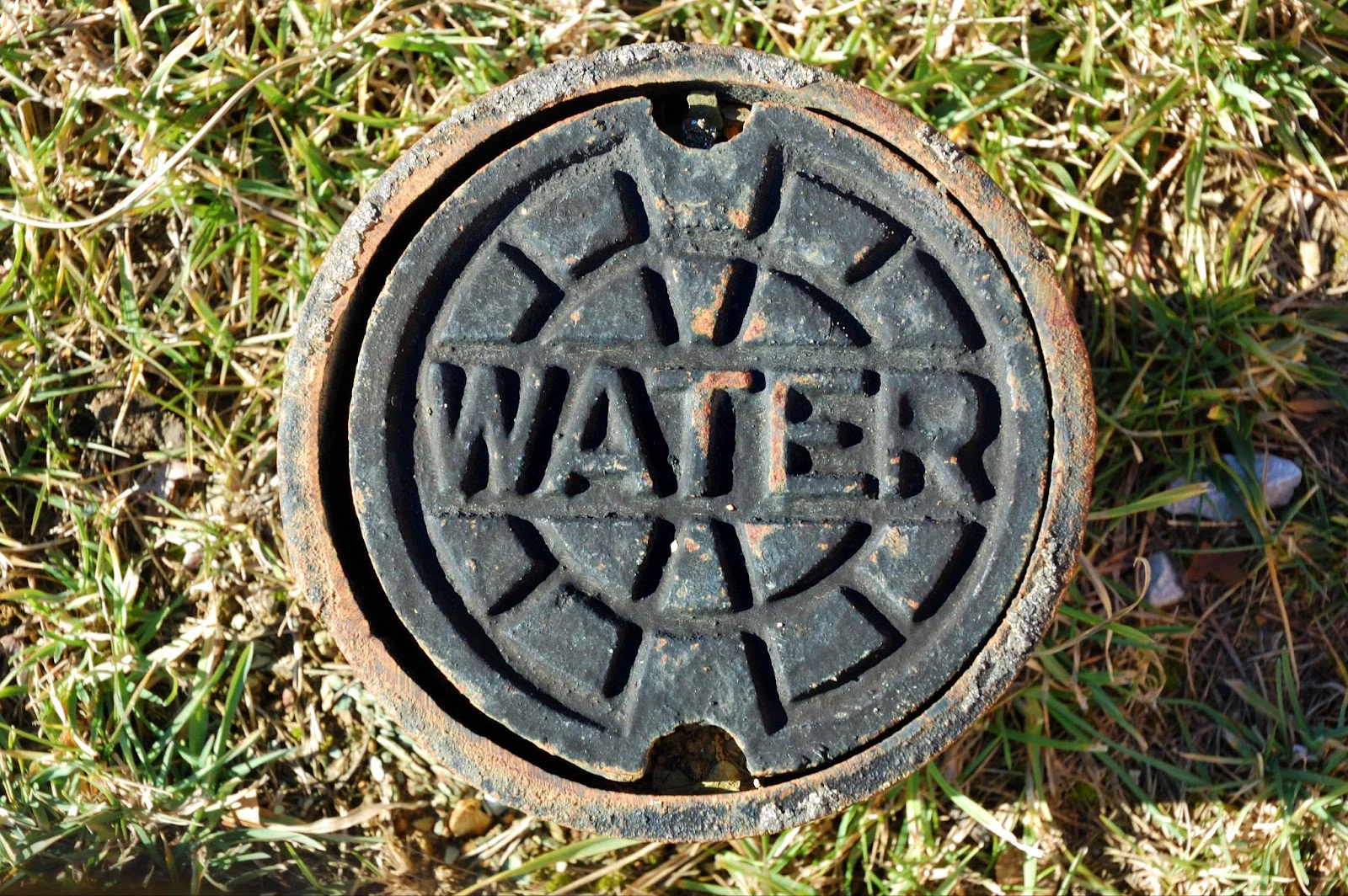 Manhole cover labeled water for water main maintenance by professional plumber.