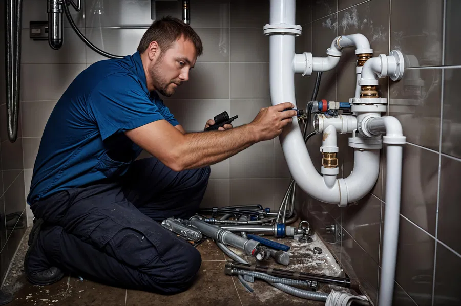 Senior handyman repair pipes on the sink in kitchen