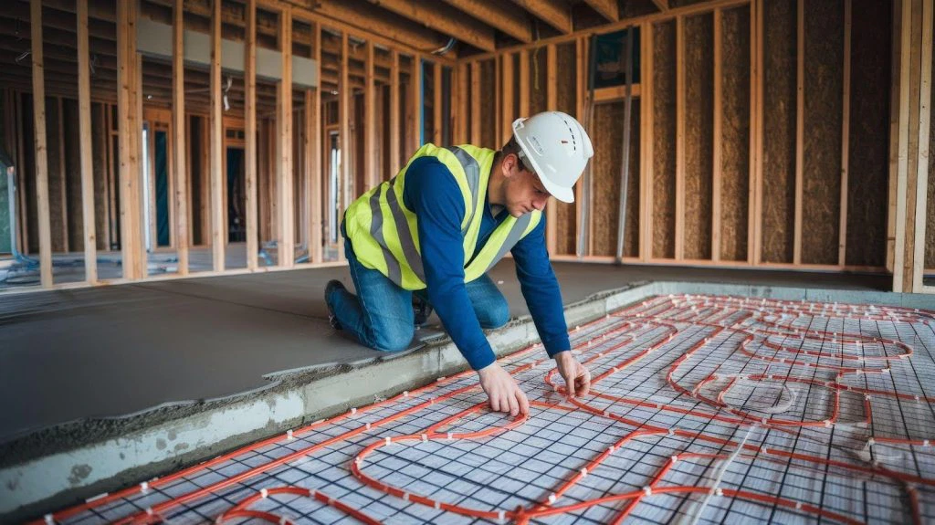 A man works diligently on the floor, positioning a heating mat as part of a renovation project