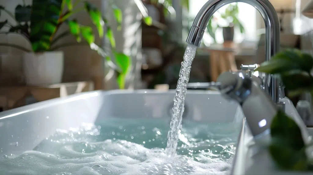 Under-sink water filtration system with multiple white filter cartridges and colored tubing.