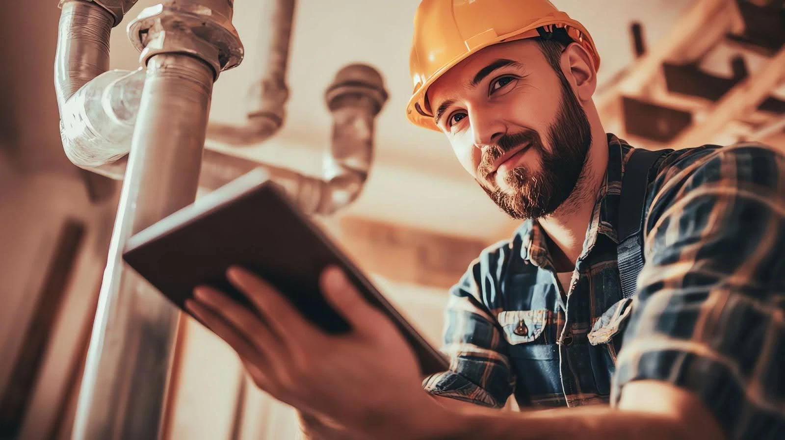 A construction worker in a hard hat engages with a tablet in a work setting