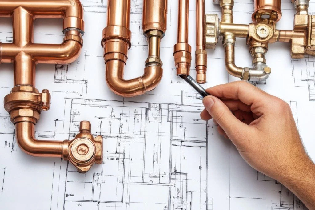 A person sketches on a blueprint surrounded by copper pipes, focused on their design