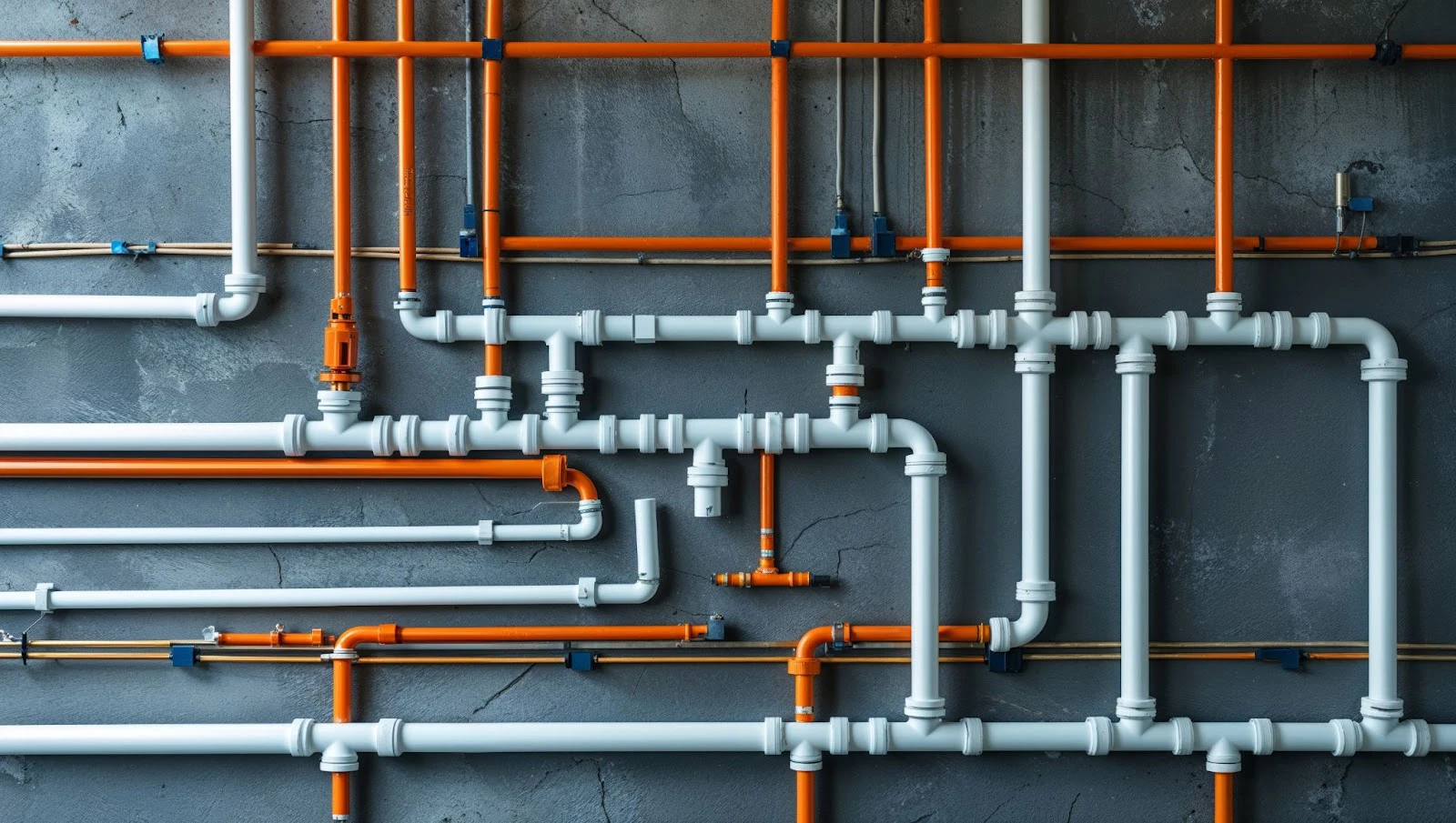 A complex network of orange and white pipes mounted on a cracked concrete wall.