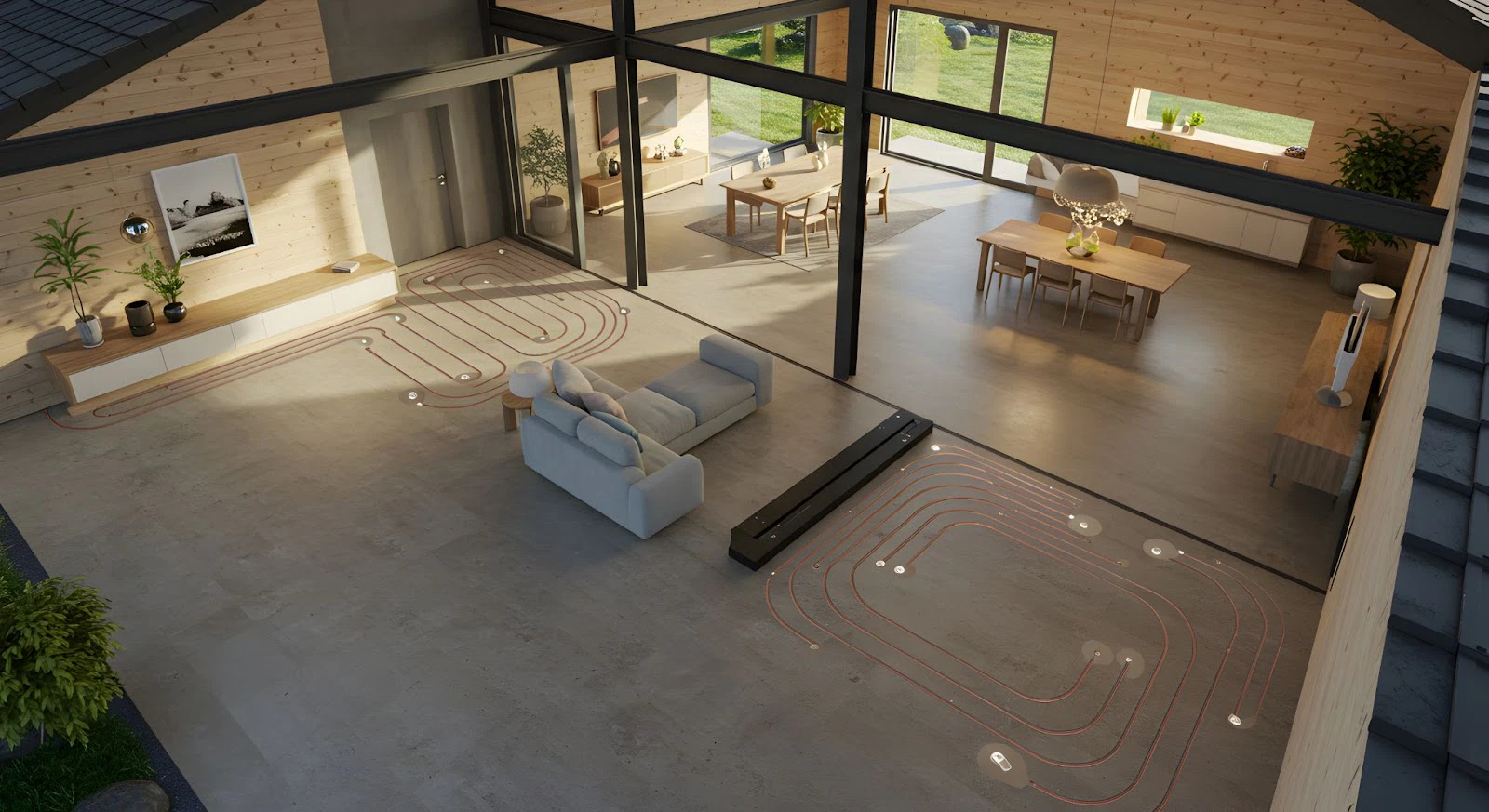 Modern open-plan living room with underfloor heating system, wooden interior, and large windows.