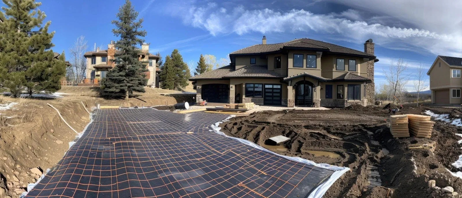 A house with a swimming pool and a fence located in the background