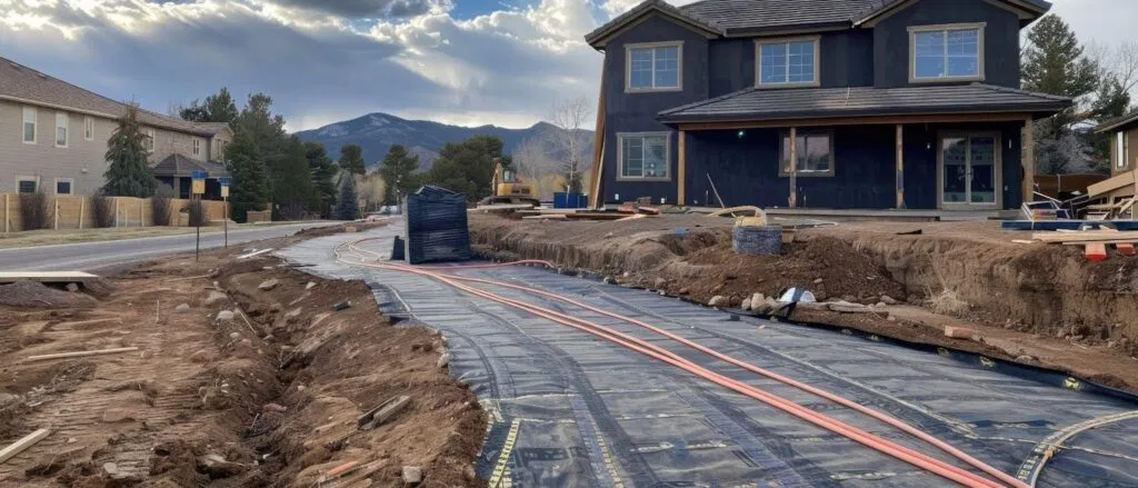 A partially built house with a driveway leading to a road illustrating ongoing construction in a suburban setting