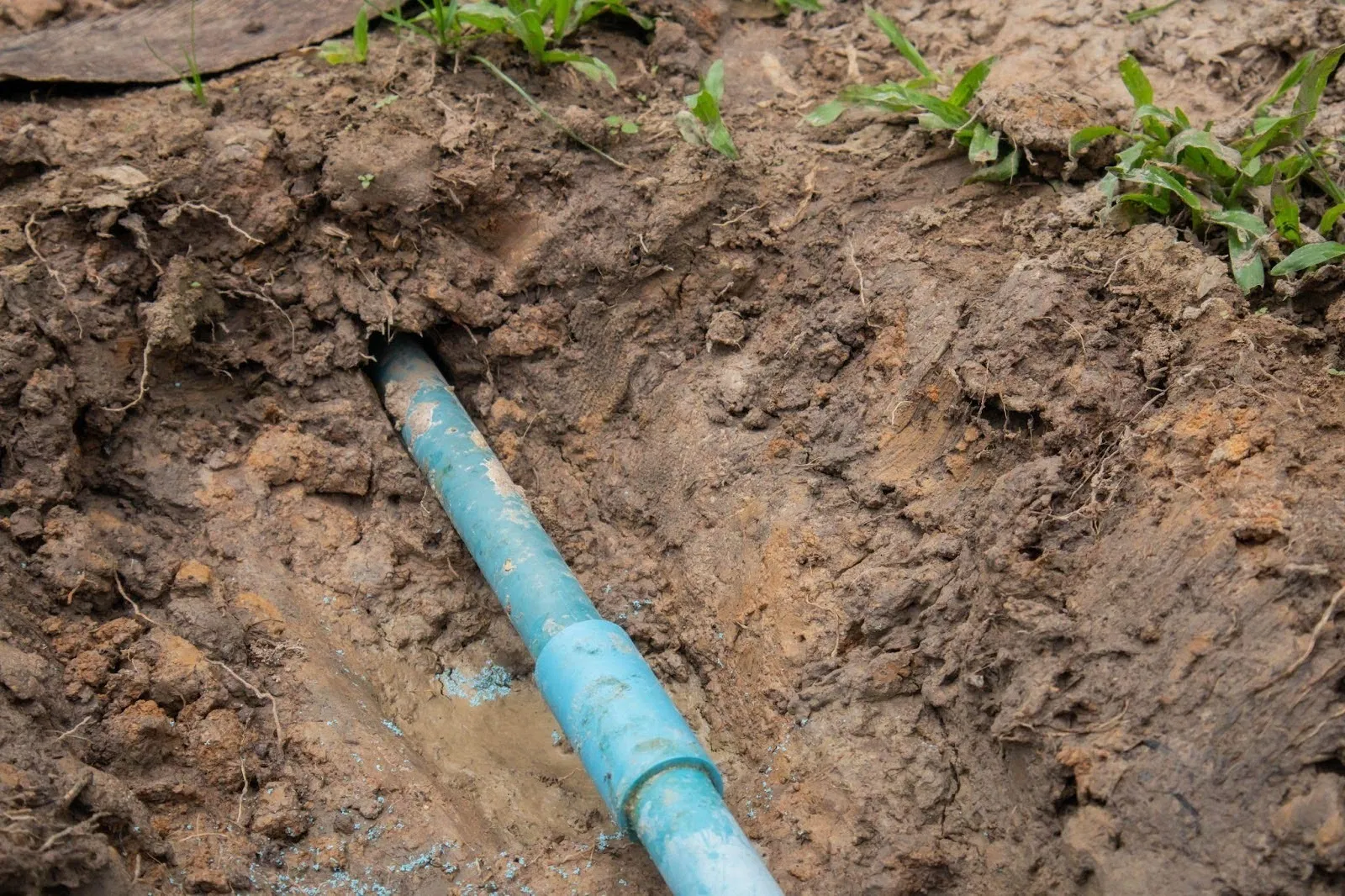 A blue pipe protrudes from the ground indicating possible plumbing or construction work nearby
