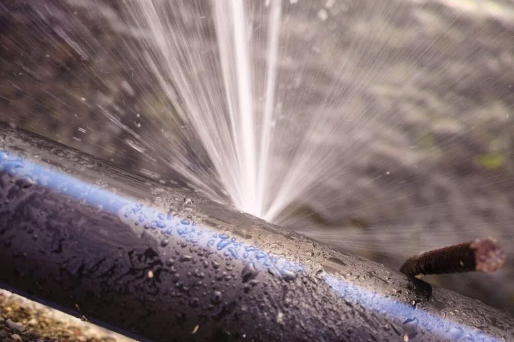 A water pipe sprays a stream of water into the air creating a misty effect around it