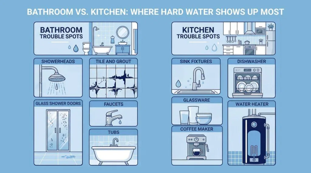Comparison of water presence in a bathroom versus a kitchen highlighting common areas of moisture and leaks