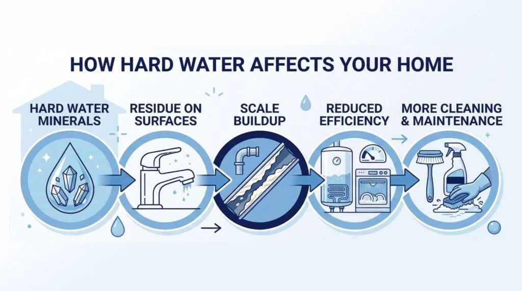 Diagram depicting how hard water affects home fixtures including stains on sinks and buildup in pipes