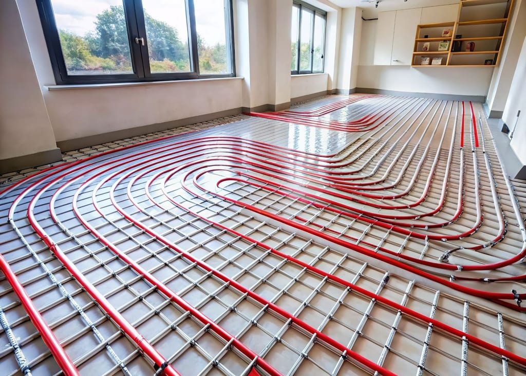 Underfloor heating system with red pipes installed over a mesh base in a room with large windows.